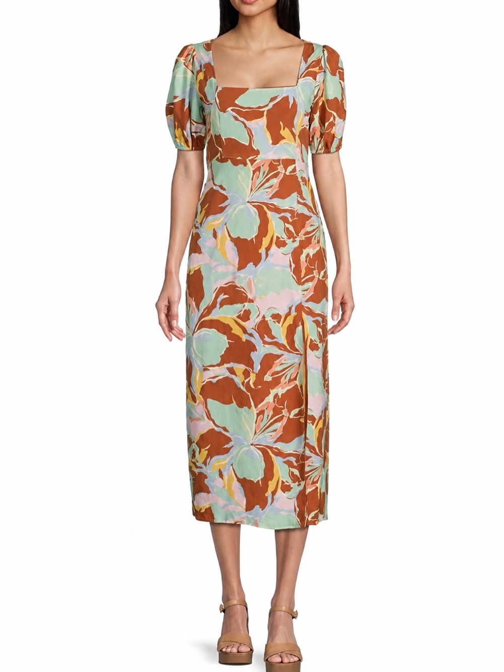 Gianni Bini Cottagecore Prairie Back Cutout Square Floral Midi Linen Blend XL